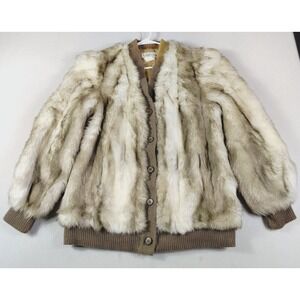 Vintage Lilli Ann Jacket Womens L/XL Beige Faux Fur‎ Bomber Knit Trim USA Retro